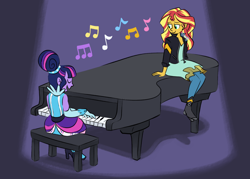 Size: 1280x914 | Tagged: safe, artist:flightless-fox, sunset shimmer, twilight sparkle, human, equestria girls, friendship through the ages, g4, female, music notes, musical instrument, piano, playing instrument