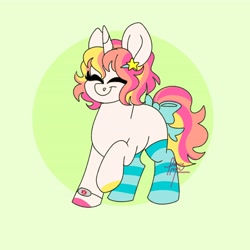 Size: 4096x4096 | Tagged: safe, artist:fizzlefer, oc, oc only, pony, unicorn, bow, clothes, green background, simple background, socks, solo, striped socks, tail, tail bow