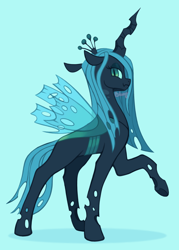 Size: 1280x1792 | Tagged: safe, artist:flightless-fox, queen chrysalis, changeling, changeling queen, g4, blue background, cyan background, raised hoof, side view, simple background, solo