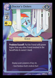 Size: 344x480 | Tagged: safe, enterplay, rainbow dash, pegasus, pony, g4, my little pony collectible card game, rainbow falls, the crystal games, bandage, bed, ccg, hospital, injured, merchandise, sad, solo