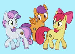 Size: 1280x914 | Tagged: safe, artist:flightless-fox, apple bloom, scootaloo, sweetie belle, earth pony, pegasus, pony, unicorn, g4, alternate cutie mark, blue background, butt, cutie mark crusaders, cyan background, plot, simple background, trio