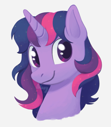 Size: 715x820 | Tagged: safe, artist:flightless-fox, twilight sparkle, pony, g4, bust, simple background, solo, wavy hair