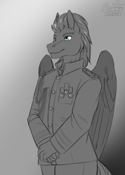 Size: 998x1400 | Tagged: safe, artist:sunny way, pegasus, anthro, admiral, clothes, costume, digital art, guard, male, military uniform, outfit, patreon, patreon reward, royal guard, solo, stallion, uniform, wings