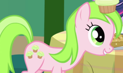 Size: 858x512 | Tagged: safe, screencap, crimson gala, red gala, earth pony, pony, friendship is magic, g4, season 1, apple family member, background character, background pony, cropped, cupcake, female, food, mare, offscreen character, solo focus