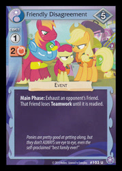 Size: 344x480 | Tagged: safe, enterplay, apple bloom, applejack, big macintosh, earth pony, pony, g4, my little pony collectible card game, pinkie apple pie, the crystal games, angry, ccg, female, floaty, lifejacket, male, mare, merchandise, pool toy, stallion, trio