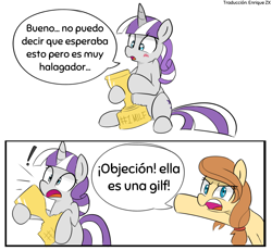 Size: 2230x2057 | Tagged: safe, artist:lance, derpibooru exclusive, edit, editor:enrique zx, twilight velvet, oc, oc:cream heart, earth pony, pony, unicorn, g4, blushing, comic, dialogue, duo, exclamation point, female, gilf, high res, mare, milf, objection, pointing, simple background, sitting, spanish, spanish description, spanish text, speech bubble, surprised, text, translation, translator:enrique zx, trophy