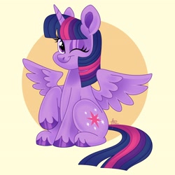 Size: 3800x3800 | Tagged: safe, artist:fizzlefer, twilight sparkle, alicorn, pony, g4, high res, one eye closed, simple background, sitting, solo, twilight sparkle (alicorn), wink, yellow background
