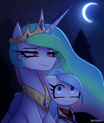 Size: 2158x2569 | Tagged: safe, artist:opal_radiance, princess celestia, oc, oc:opal rosamond, alicorn, pegasus, pony, g4, chat, clothes, crown, duo, duo female, empire, eyebrows, female, folded wings, high res, jewelry, looking at each other, looking at someone, mare, moon, night, pegasus oc, peytral, regalia, signature, smiling, smiling at each other, solar empire, stars, uniform, wings
