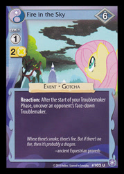 Size: 344x480 | Tagged: safe, enterplay, fluttershy, dragonshy, g4, my little pony collectible card game, the crystal games, ccg, merchandise, mountain, smoke, solo