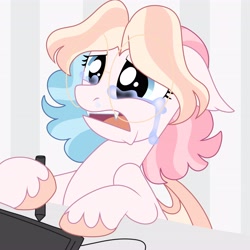 Size: 4096x4096 | Tagged: safe, artist:fizzlefer, oc, oc only, oc:bitter glitter, bat pony, pony, crying, drawing tablet, glasses, solo