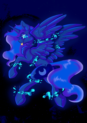 Size: 1754x2480 | Tagged: safe, artist:dankpegasista, derpibooru exclusive, princess luna, alicorn, goo, pony, g4, :p, blue fur, blue mane, butt, chest fluff, crescent moon, cute, cyan eyes, dark background, ear fluff, edgy, eyelashes, female, flowing mane, glowing, gooey, highlights, hoof heart, horn, jewelry, large wings, long horn, long mane, looking at you, looking back, lunabetes, moon, moonbutt, plot, png, princess of the night, purple mane, raised hoof, regalia, royalty, shading, shiny mane, simple background, smiling, solo, sparkles, spread wings, tongue out, underhoof, wings