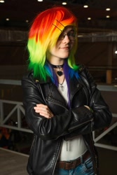 Size: 720x1080 | Tagged: safe, artist:helen the witch, rainbow dash, human, g4, choker, clothes, cosplay, costume, female, glasses, irl, irl human, jacket, leather, leather jacket, looking at you, photo, smiling, solo