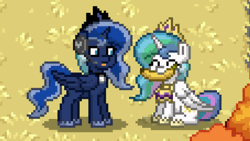 Size: 700x394 | Tagged: safe, artist:slybotz, princess celestia, princess luna, alicorn, pony, gamer luna, pony town, g4, animated, banana, female, food, gif animated, herbivore, hungry, imminent fight, mare, nom, royal sisters, siblings, sisters