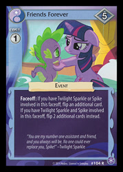 Size: 344x480 | Tagged: safe, enterplay, spike, twilight sparkle, pony, unicorn, g4, magical mystery cure, my little pony collectible card game, the crystal games, bed, ccg, duo, floppy ears, golden oaks library, merchandise, unicorn twilight, worried