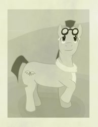 Size: 825x1062 | Tagged: safe, artist:jimthecactus, oc, oc only, earth pony, pony, clothes, goggles, goggles on head, male, monochrome, scarf, sepia, solo, stallion