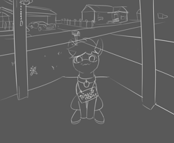 Size: 4096x3376 | Tagged: safe, artist:s410, derpibooru exclusive, oc, pony, car, cute, house, looking at you, male, pony pet, porch, sitting, sketch, smiling, solo