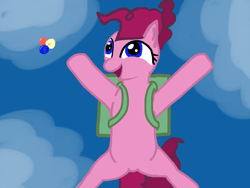 Size: 1024x768 | Tagged: safe, artist:jimthecactus, pinkie pie, earth pony, pony, g4, female, low angle, mare, open mouth, open smile, parachute, skydiving, smiling, solo