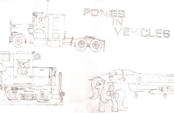 Size: 3323x2154 | Tagged: safe, artist:lonewolf3878, fluttershy, pinkie pie, rainbow dash, earth pony, pegasus, pony, g4, eurofighter typhoon, female, high res, locomotive, semi truck, traditional art, train, truck