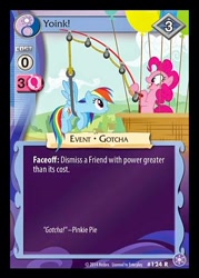 Size: 344x480 | Tagged: safe, enterplay, pinkie pie, rainbow dash, g4, my little pony collectible card game, pinkie pride, the crystal games, balloon, caught, ccg, duo, fishing rod, merchandise