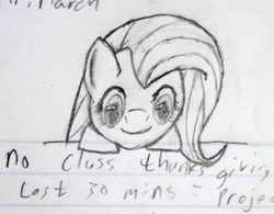 Size: 2154x1679 | Tagged: safe, artist:jimthecactus, fluttershy, pegasus, pony, g4, grayscale, looking at you, monochrome, pencil drawing, smiling, smiling at you, solo, text, traditional art