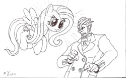 Size: 900x554 | Tagged: safe, artist:lonewolf3878, fluttershy, human, pegasus, pony, g4, ace attorney, crossover, damon gant, female, stare, the stare, traditional art