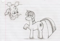 Size: 1851x1248 | Tagged: safe, artist:jimthecactus, pinkie pie, twilight sparkle, earth pony, pony, unicorn, g4, duo, grayscale, grin, in which pinkie pie forgets how to gravity, lined paper, looking at each other, looking at someone, looking up, monochrome, pencil drawing, pinkie being pinkie, pinkie physics, smiling, traditional art, unicorn twilight