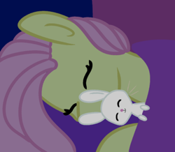 Size: 400x348 | Tagged: safe, artist:fluttershydaily, angel bunny, fluttershy, pony, g4, duo, eyes closed, fluttershy's bedroom, hug, sleeping, smiling