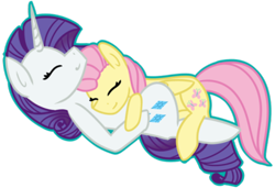 Size: 400x274 | Tagged: safe, artist:fluttershydaily, fluttershy, rarity, pony, g4, duo, eyes closed, hug, lying down, simple background, smiling, transparent background