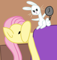 Size: 400x428 | Tagged: safe, artist:fluttershydaily, angel bunny, fluttershy, pony, g4, alarm clock, angel is a bunny bastard, arm around head, bed, clock, duo, eyes closed, waking up