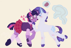 Size: 1190x802 | Tagged: safe, artist:thegalaxyinapaperbag2, rarity, twilight sparkle, pony, unicorn, g4, clothes, female, glasses, heart, heart eyes, lesbian, magic, measuring tape, pincushion, ship:rarilight, shipping, shoes, simple background, skirt, socks, telekinesis, unicorn twilight, wingding eyes