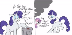 Size: 4096x2029 | Tagged: safe, artist:fizzlefer, part of a set, rarity, sweetie belle, pony, unicorn, g4, comic, simple background, smoke, solo, white background