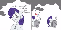 Size: 4096x2029 | Tagged: safe, artist:fizzlefer, part of a set, rarity, pony, unicorn, g4, comic, simple background, smoking, solo, trash can, white background