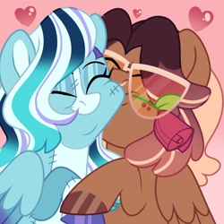 Size: 4000x4000 | Tagged: safe, artist:fizzlefer, oc, oc only, pegasus, pony, duo, flower, glasses, gradient background, hug, rose