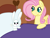 Size: 400x301 | Tagged: safe, artist:fluttershydaily, angel bunny, fluttershy, pony, g4, angel is a bunny bastard, bed, blanket, duo, grumpy, pillow, smiling