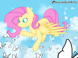 Size: 1280x960 | Tagged: safe, artist:fluttershydaily, fluttershy, butterfly, g4, cloud, flying, sky, smiling