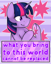 Size: 1280x1600 | Tagged: safe, artist:fluttershydaily, twilight sparkle, g4, element of magic, holding, looking at something, purple background, simple background, smiling