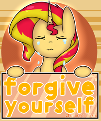 Size: 1280x1536 | Tagged: safe, artist:fluttershydaily, sunset shimmer, pony, unicorn, g4, crying, eyes closed, orange background, simple background