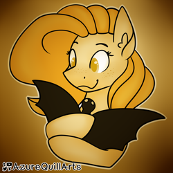 Size: 1280x1280 | Tagged: safe, artist:fluttershydaily, bat, holding a bat, looking at something, ochre background, palette swap, recolor, smiling