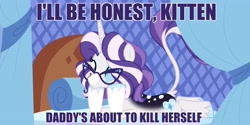 Size: 4096x2048 | Tagged: safe, artist:fizzlefer, rarity, oc, oc only, pony, unicorn, bed, glasses, kinsona, solo, subtitles, suicidal