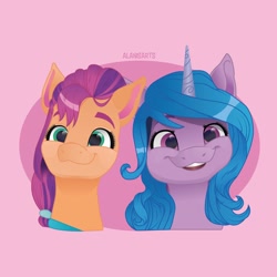 Size: 1080x1080 | Tagged: safe, artist:art_alanis, izzy moonbow, sunny starscout, pegasus, pony, unicorn, g5, :3, duo, duo female, female, lesbian, open mouth, pink background, scene interpretation, ship:moonscout, shipping, simple background