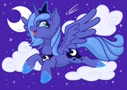 Size: 2048x1448 | Tagged: safe, artist:art_alanis, princess luna, alicorn, pony, g4, cloud, flying, moon, night, open mouth, s1 luna, solo