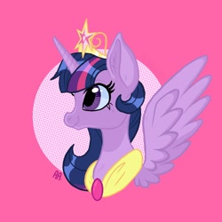 Size: 2048x2048 | Tagged: safe, artist:art_alanis, twilight sparkle, alicorn, pony, g4, big crown thingy, bust, element of magic, high res, jewelry, pink background, regalia, simple background, solo, twilight sparkle (alicorn)