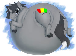 Size: 1041x768 | Tagged: safe, artist:paradoxinhead, oc, oc:midnight snack, pony, unicorn, belly, belly bed, big belly, fat, huge belly, impossibly large belly, looking back, male, solo