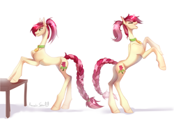 Size: 3264x2298 | Tagged: safe, alternate version, artist:satan, roseluck, pony, g4, alternate hairstyle, braid, braided tail, collar, commission, commissioner:doom9454, concave belly, cute, high res, hooves, hooves on the table, long legs, pet tag, pony pet, ponytail, rearing, rosepet, slender, table, tail, thin