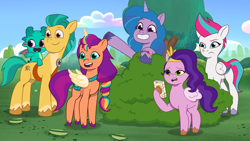 Size: 1920x1080 | Tagged: safe, screencap, hitch trailblazer, izzy moonbow, pipp petals, sparky sparkeroni, sunny starscout, zipp storm, alicorn, dragon, earth pony, pegasus, pony, unicorn, g5, mission imponable, my little pony: tell your tale, spoiler:tyts01e49, artificial horn, artificial wings, augmented, female, horn, magic, magic horn, magic wings, male, mane five, mane stripe sunny, mare, race swap, stallion, sunnycorn, wings