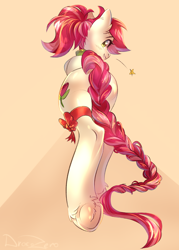Size: 1500x2100 | Tagged: safe, artist:draco zero, roseluck, pony, g4, alternate hairstyle, braid, collar, commission, commissioner:doom9454, cute, long tail, pony pet, ponytail, ribbon, rosepet, tail, underhoof