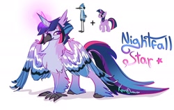 Size: 2048x1292 | Tagged: safe, artist:karydraws, twilight sparkle, oc, oc:nightfall star, alicorn, bird, blue jay, hippogriff, hybrid, pony, ponygriff, anthro, digitigrade anthro, g4, anthro with ponies, crossover, crossover ship offspring, crossover shipping, female, interspecies, interspecies offspring, male, mordecai, mordetwi, offspring, parent:mordecai, parent:twilight sparkle, parents:mordetwi, regular show, shipping, simple background, spread wings, straight, twilight sparkle (alicorn), white background, wings