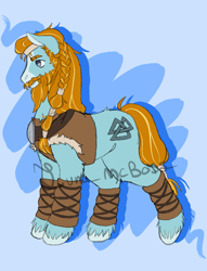 Size: 1257x1641 | Tagged: safe, artist:luna_mcboss, rockhoof, clydesdale, earth pony, pony, g4, beard, blue background, blue coat, braid, clothes, colored, facial hair, fluffy, headband, male, moustache, orange mane, simple background, sketch, solo, stallion, tail, tail wrap, unshorn fetlocks