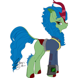 Size: 2502x2502 | Tagged: safe, artist:senpai-satan, oc, oc only, oc:spring glow, kirin, fallout equestria, commission, female, high res, kirin oc, mare, pipbuck, sad, signature, simple background, solo, transparent background