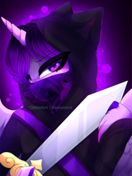 Size: 1875x2500 | Tagged: safe, artist:taiweiart, oc, oc only, alicorn, pony, abstract background, alicorn oc, clothes, face mask, female, hoodie, horn, mare, mask, solo, sword, weapon, wings